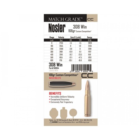 BALLE DE CHASSE NOSLER MGA - 168GR - CALIBRE 308 WINCHESTER