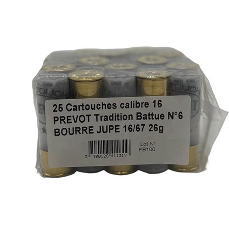 CARTOUCHE DE CHASSE PREVOT TRADITION BATTUE BOURRE GRASSE - 26G - CALIBRE 16